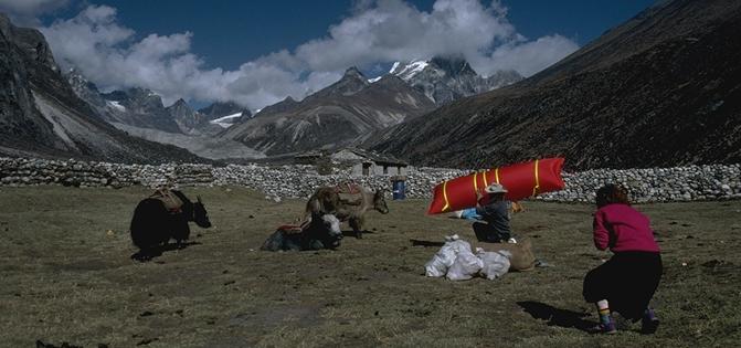 The late Igor Gamow at Pheriche with his portable hyperbaric chamber, designed for the treatment of high altitude sickness