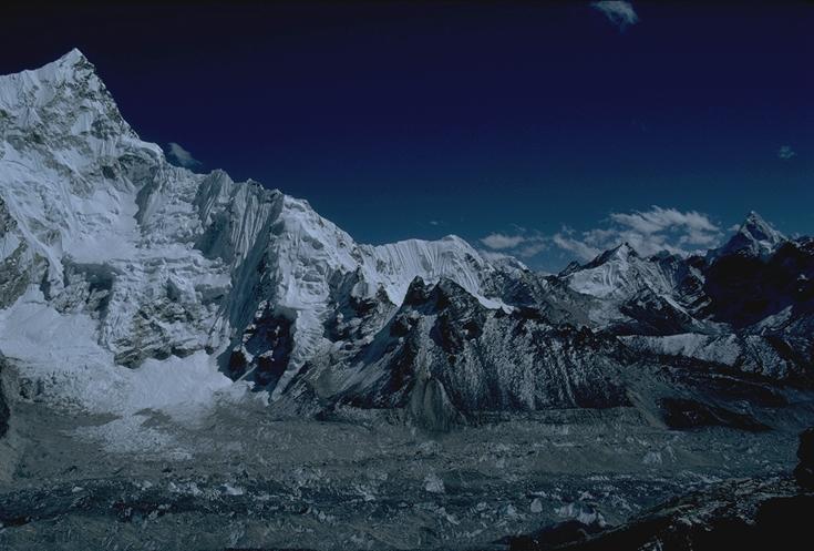 Khumbu glacier, Nuptse on left and Makalu on right