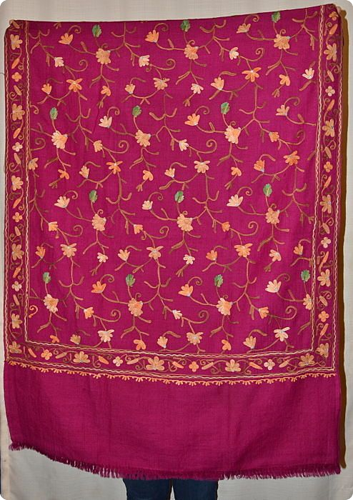 Full-surface embroidery on red medium-size 70% pashmina/30% silk shawl from Sunrise Pashmina