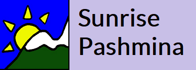 sunrise pashmina logo: sun rising over snow mountain -- saturated primary colors, childlike primitive style