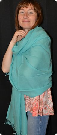 (VIS #Sft-71L) Sunrise Pashmina 100% cashmere shawl,  Turquoise , basic weave,  tasseled fringe